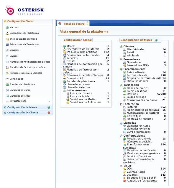 Panel de administración de la centralita virtual de Osterisk sobre IvozProvider: clientes, numeración, tarificación y facturación